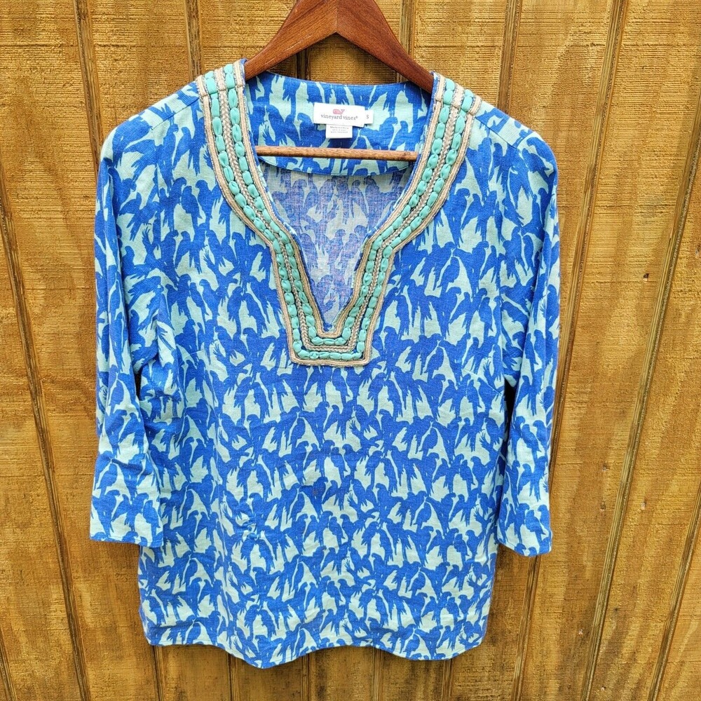 Vineyard Vines Lucaya Linen Blend Tunic Top Embellished Parrott Print Womens S